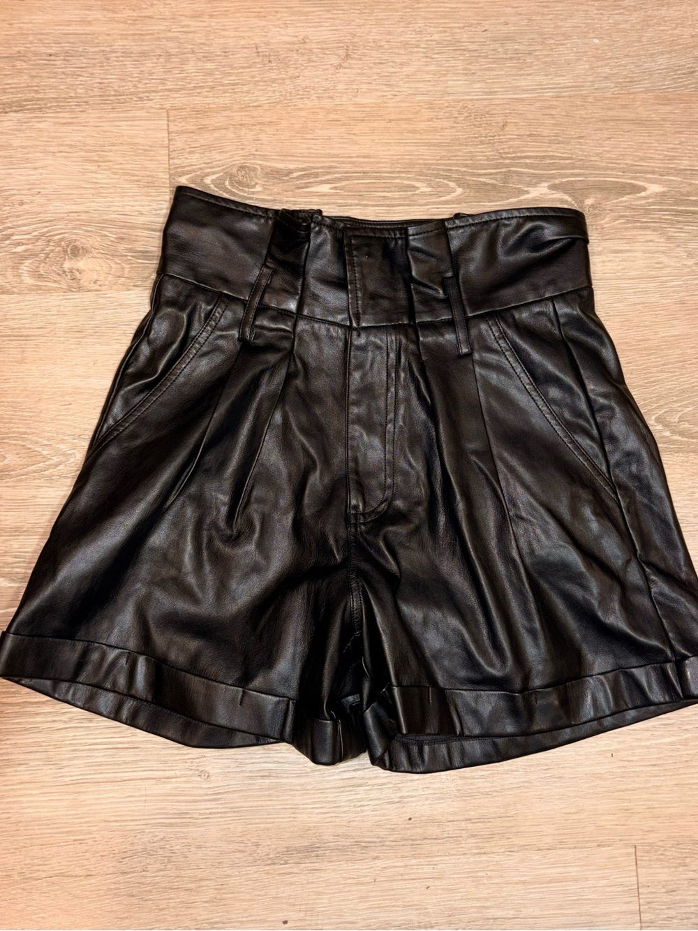 Elan Black High-Waist Faux Leather Pleated Women’s Shorts